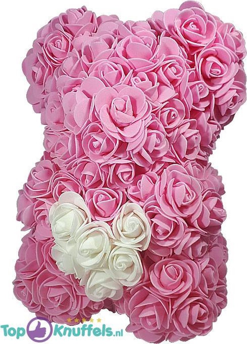 Rozenbeer Roze met wit hart 25 cm | Rozen liefdes Teddybeer voor jou geliefde! Rose Bear Knuffelbeer gemaakt van roosjes – I Love You beer met hartje – Sinterklaas Kerst Cadeau | Rozen bear Roze met wit hart 25cm